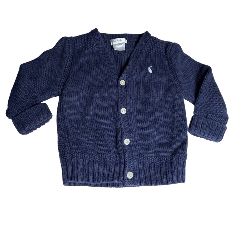 Ralph Lauren Baby 18M Navy Cotton Knit Cardigan Pony Logo Preppy